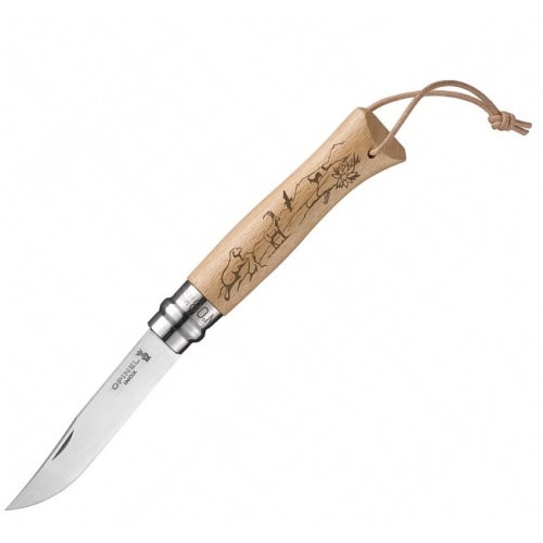 Нож Opinel №8 Trekking, нержавеющая сталь, рукоять бук, гравировка сурок, козел и эдельвейс, темляк, 001641 фото 2
